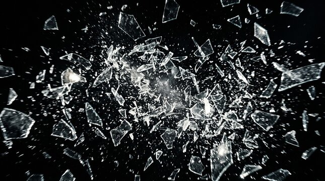 Explosion of shattered glass fragments against a black background