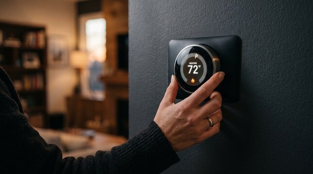 Person adjusting smart thermostat to 72 degrees for heating in a cozy home