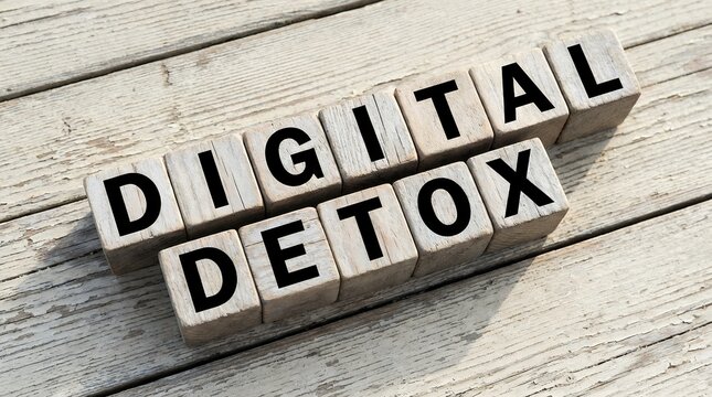Wooden alphabet blocks spell out DIGITAL DETOX arranged on weathered light colored wooden planks casting subtle shadows unplug disconnect screen time technology wellness self care