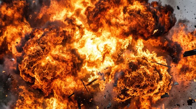 Intense Fireball Explosion with Debris Flying Through the Air