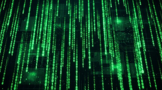 Green digital rain of binary code flowing down on a dark background