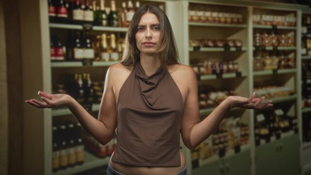 Woman shrugging palms up, bare shoulders visible, by grocery shelves stocked with bottles inside a building; confusion indecision uncertainty.