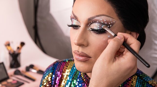 Makeup artist applying holographic glitter eyeshadow to model's eye close-up