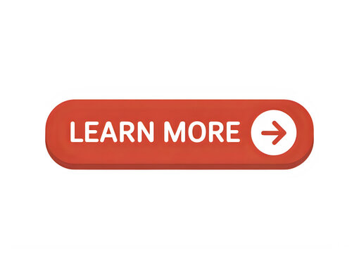 A red learn more button with a white circle and arrow on the right side isolated on transparent background