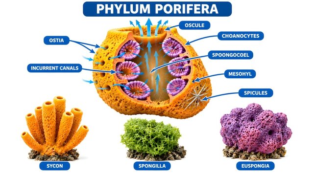 Phylum Porifera Sponge Structure Diagram Showing Water Flow Ostia Osculum and Choanocytes