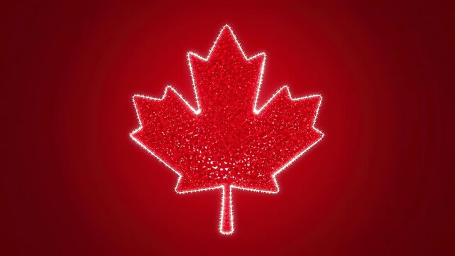 Red Maple Leaf Outline with Illuminated Glow Symbol Against Dark Background