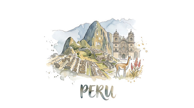 Scenic watercolor depiction of Machu Picchu with historic temples and lush mountain scenery in Peru capturing cultural heritage