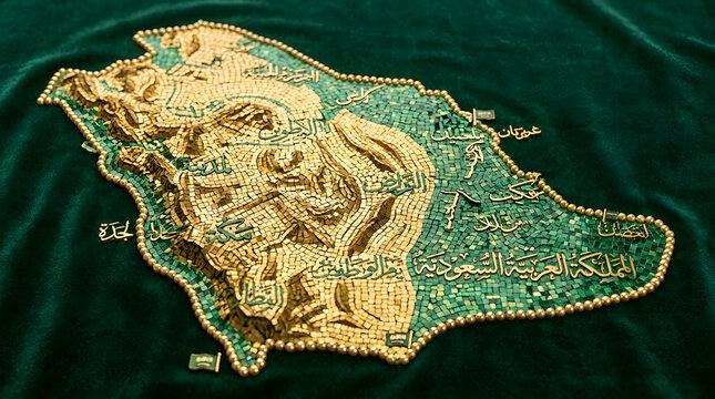 Embroidered golden relief map of Saudi Arabia rests elegantly on a rich green velvet fabric with intricate topographical details.
