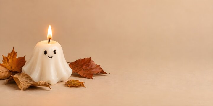 Vela en forma de fantasma simp&aacute;tico, con algunas hojas secas, y espacio negativo.