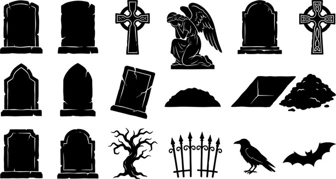Spooky Halloween Cemetery Black Silhouette Icon Set Featuring Tombstones Crosses Crying Angel Statue Open Grave Fence Dead Tree Crow and Bat Vector