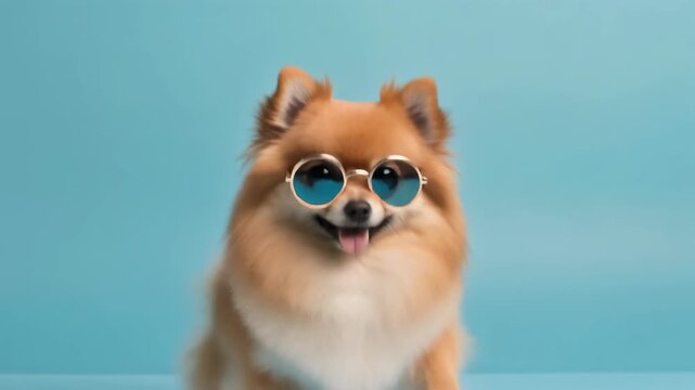 Cute Pomeranian Dog Wearing Blue Sunglasses 4K Generative AI
