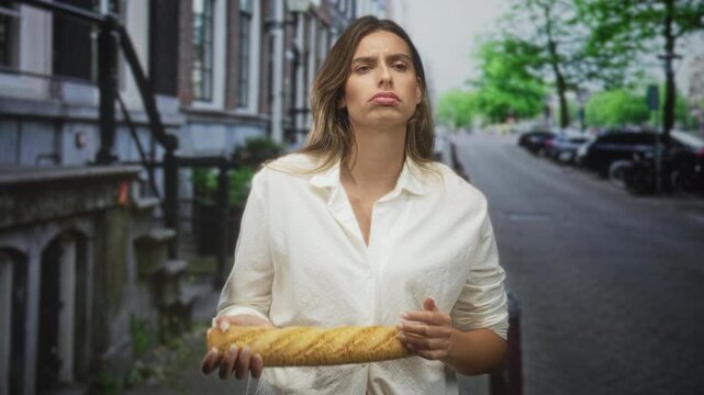 Woman holding baguette with hands on street in white shirt pouting near parked cars and trees along a residential street; disgust everyday life.