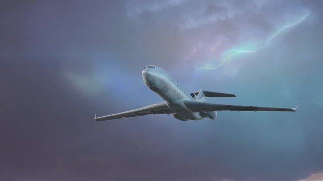 Airplane Flying Through Dark Storm Clouds with Lightning render 3d