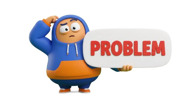 A 3D cartoon character in a hoodie scratching head in confusion while holding a white banner sign with red text Problem isolated on a white background. Ideal for troubleshooting guides, customer suppo