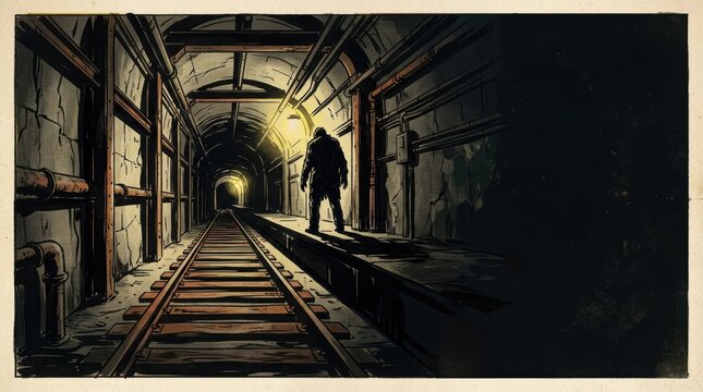 Vintage Horror Comic Subway Tunnel Banner with Shadowy Silhouette and Large Copy Space