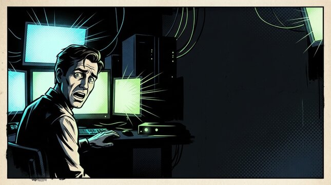Vintage 1950s horror comic banner of a terrified man in a dark server room with glowing computer screens, noir ink illustration with wide copy space