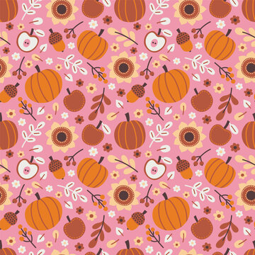 Autumn Harvest Folk Seamless Pattern with Pumpkins, Apples and Flowers
