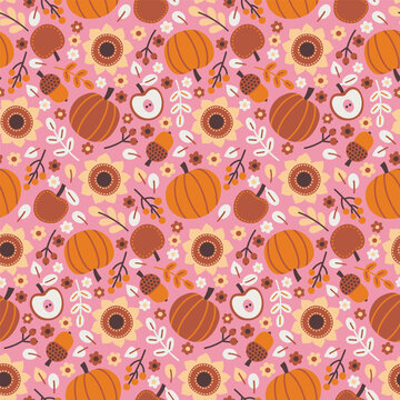Autumn Harvest Folk Seamless Pattern with Pumpkins, Apples and Sunflowers