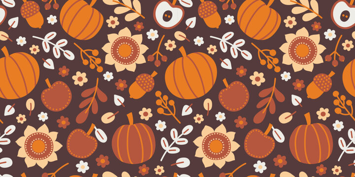 Autumn Harvest Folk Seamless Pattern with Pumpkins, Acorns and Flowers