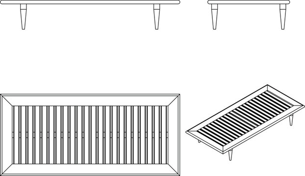 Technical CAD set of a slatted bench showing front and side elevations, plus top and isometric plan views of the slatted frame.