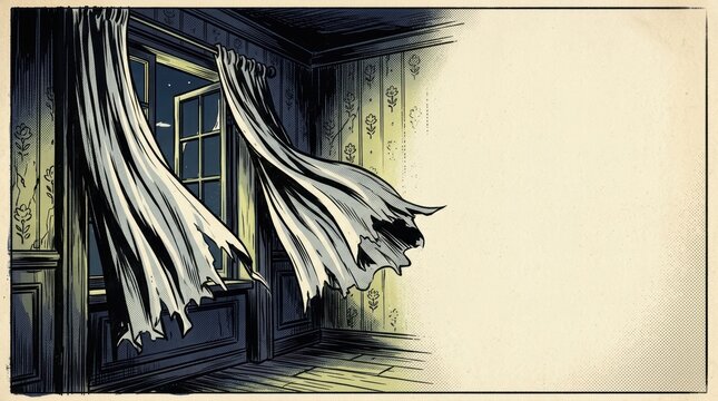 Vintage Horror Comic Banner with Billowing Curtains in a Haunted Room with Copy Space