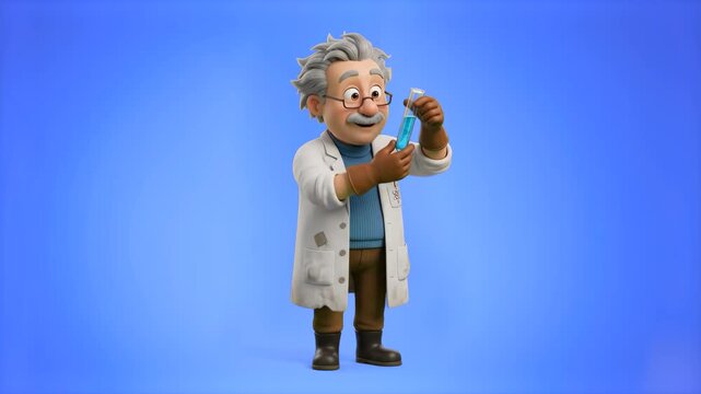 A senior 3D cartoon scientist wearing glasses and a lab coat inspecting a glowing blue liquid in a test tube, set against a solid blue studio backdrop. Perfect for scientific presentation videos, phar