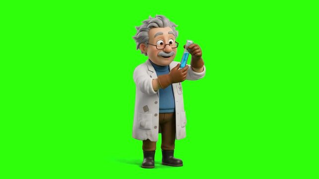 An elderly 3D cartoon scientist in a white lab coat examining a test tube filled with blue liquid, isolated on a chroma key green screen background. Ideal for chemistry experiments, medical research e