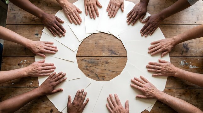 Top view of diverse people hands surrounding circular arrangement of blank paper on wooden table