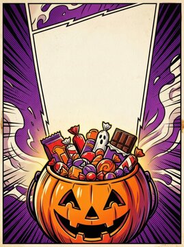 Retro Halloween comic banner with candy-filled Jack-o'-lantern bucket and large vertical copy space for seasonal marketing and holiday advertising.