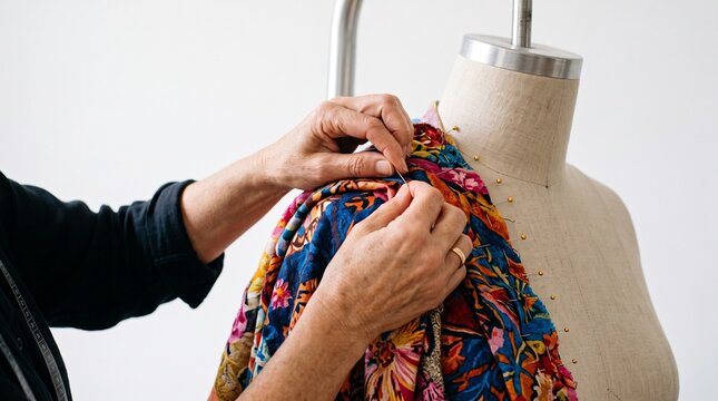 Seamstress pinning fabric onto a mannequin for tailoring and dressmaking