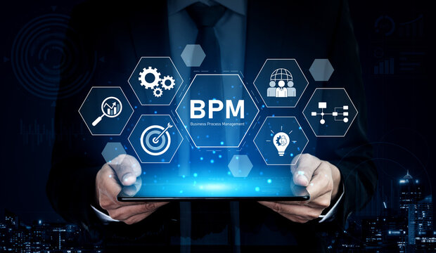 Business Process Management concept showing workflow analysis, process optimization, team collaboration, automation, and performance improvement Vouch