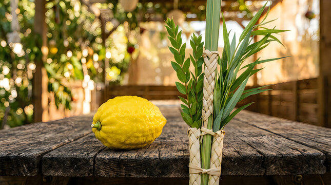 A bright yellow etrog fruit and a lulav branch sitting on a rustic wooden table for sukkot