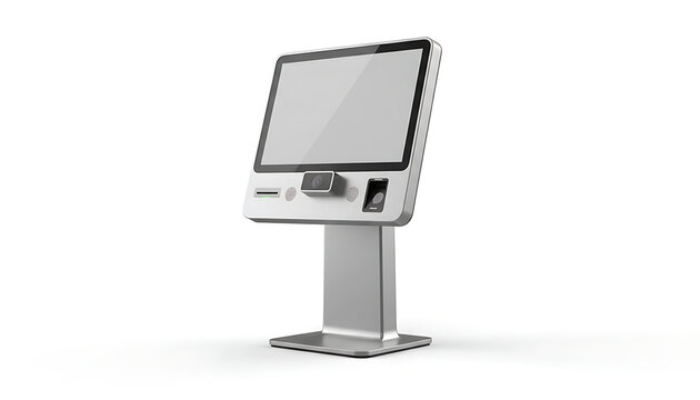 A modern white digital self-service kiosk with a touchscreen display stands on a white.
