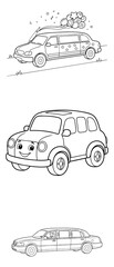 Obraz premium Cute Cartoon Car and Limousine Line‑Art Illustrations, Fun Vehicle Coloring Pages, Smiling Cars with Balloons and Stars Design
