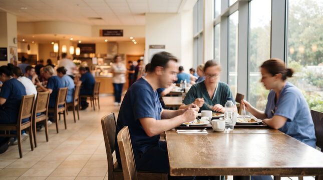 Hospital cafeteria lunch break with healthcare workers eating together