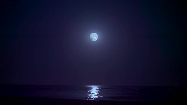 Full Moon Reflecting on Calm Ocean at Night