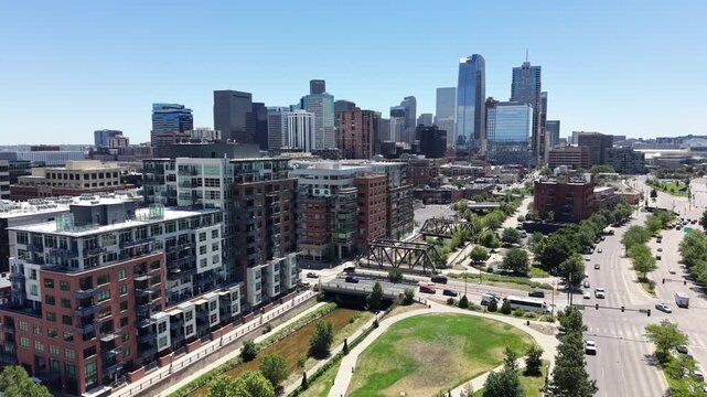Aerial view flying along the Cherry Creek trail in downtown Denver, Colorado.