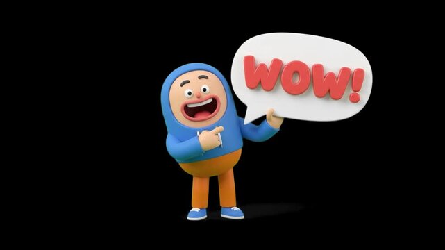 A happy 3D cartoon character gesturing with enthusiasm toward a floating speech bubble featuring bold red "WOW" lettering, set against a solid black background. Perfect for promotional social media cl