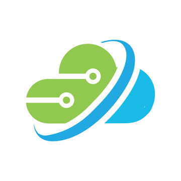 this is a FLAT logo design that depicts a cloud with two node transistor lines and an elipse shape in the middle. It can be used as a logo for cloud B2B SaaS technology company. 
