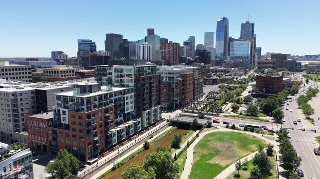 Aerial view of modern apartments along Cherry Creek trail in downtown Denver, Colorado.