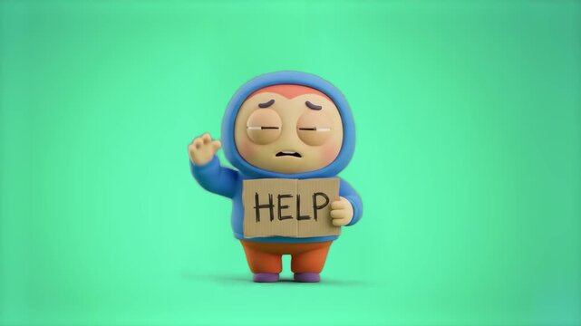 A sad 3D cartoon character in a blue hooded outfit holding a cardboard Help sign and waving a hand with a tired expression, isolated on a green backdrop. Ideal for charity campaigns, support services,