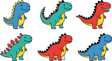 Cute cartoon dinosaurs vector character set with colorful minimalist T-Rex, Stegosaurus, and baby dino monsters, isolated on white background. © Fahim