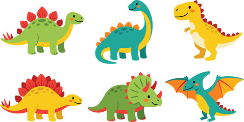Cute cartoon dinosaurs vector character set with colorful T-Rex, Stegosaurus, Triceratops, Brachiosaurus, and Pterodactyl, isolated on white background. © Fahim