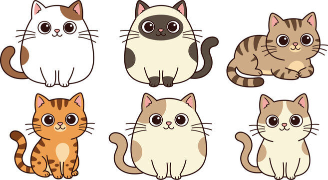 Cute cartoon cats vector illustration set with various adorable kitty breeds including tabby, siamese, and calico, isolated on white background.