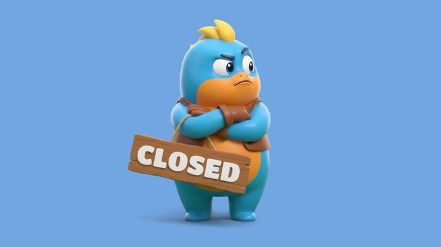 A grumpily cute 3D blue cartoon character crossing its arms beside a wooden "CLOSED" sign, set against a solid blue studio backdrop. Perfect for e-commerce store downtime ads, app service notification