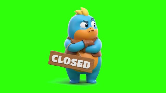 An annoyed 3D blue cartoon monster character standing with arms crossed next to a wooden sign with "CLOSED" written on it, isolated on a chroma key green screen background. Ideal for store closure ann