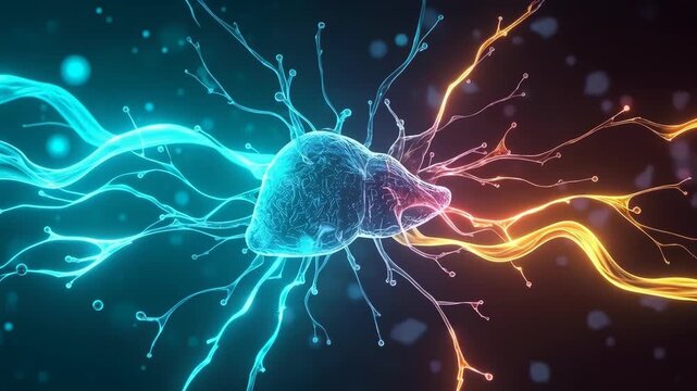 Neural Cell Abstract Glowing Blue Orange Neuron Network Emitting Colorful Electrical Signals