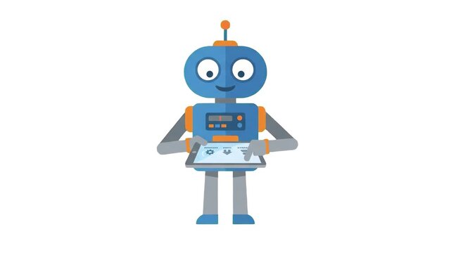 A cute 2D vector style blue robot interacting with a digital tablet screen, isolated on a clean white background. Great for AI technology presentations, mobile app UI demos, educational software, futu