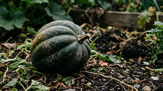 A single dark green pumpkin resting on moist soil in a vegetable garden