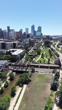 Aerial view flying along the Cherry Creek trail in downtown Denver, Colorado.
